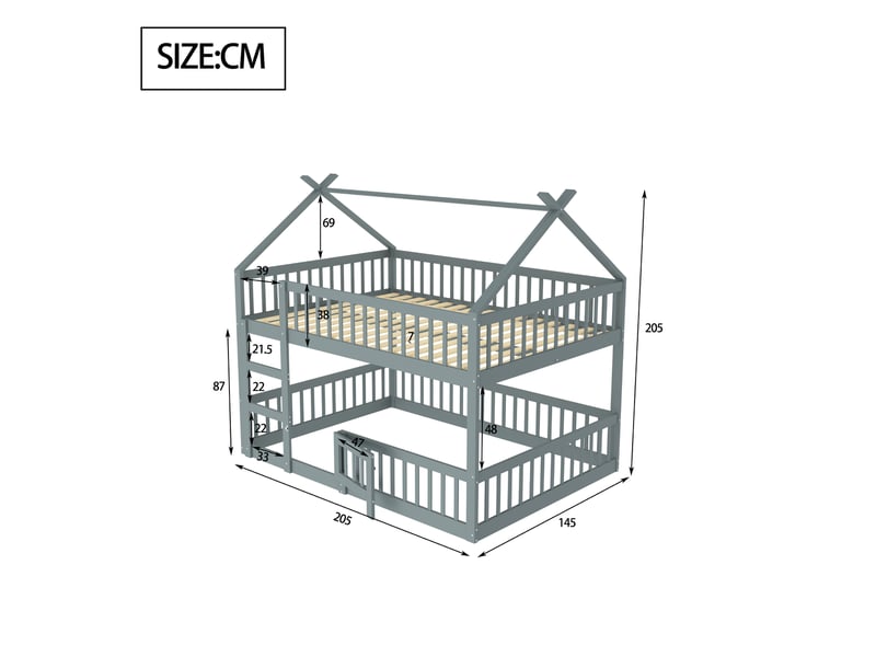  Lit superposé enfant 140x200 gris, lit mezzanine avec escalier et toit, cadre en bois massif pour chambre, charge 120 kg  - Conforama R
