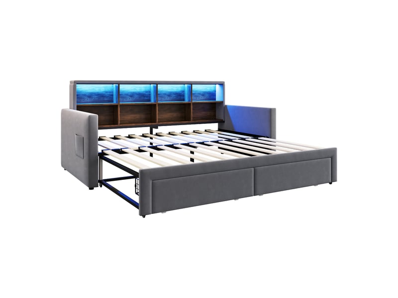  Lit gigogne enfant 90x190 cm canapé-lit avec led et tiroirs, velours, gris foncé, sans matelas  - Conforama R