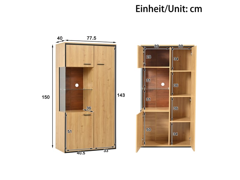  Vitrine 77,5x40x150 cm avec porte en verre, éclairage led multicolore, 3 étagères réglables, meuble de rangement et exposition - chêne  - Conforama E