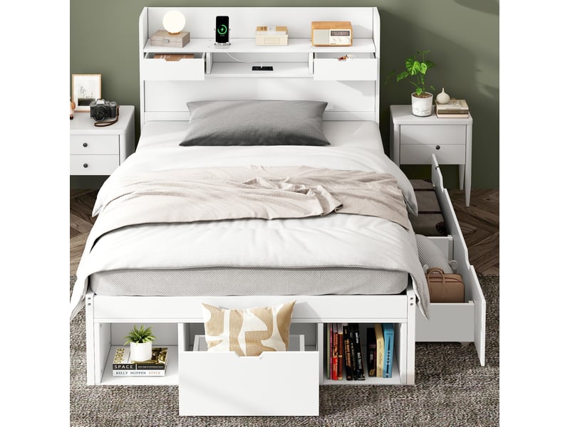 Lit enfant 90x190 cm avec rangement, usb et prises blanc - Conforama D