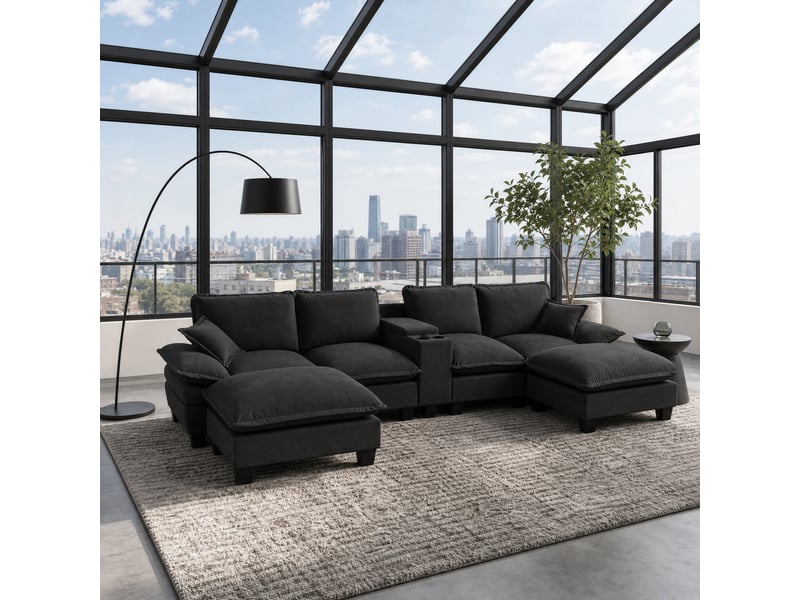  Canapé modulable en u modenvie 6 places avec rangement, porte-gobelets, ports usb, 2 ottomans et 2 coussins en chenille noir  - Conforama B