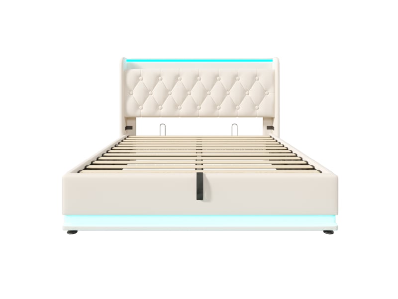 Lit coffre adulte 160x200 cm, lit double avec led , port usb type-c, sommier, pu blanc, matelas inclus - Conforama D