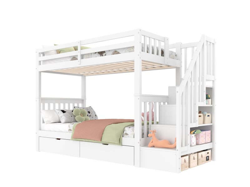  Lit superposé enfant 90 x 200 cm blanc avec escalier-rangement et 2 tiroirs  - Conforama A