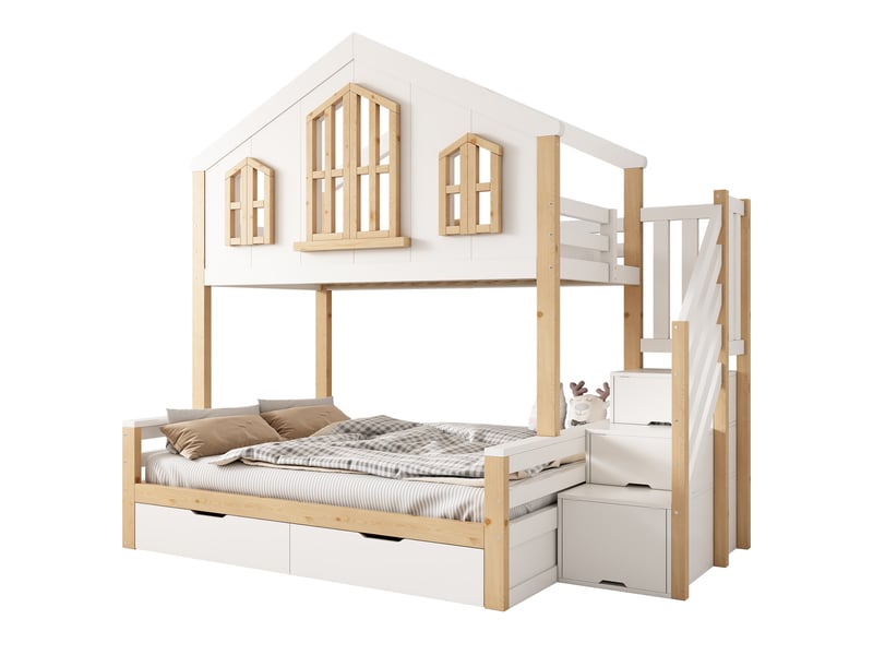  Lit superposé cabane 90x200 + 140x200 cm, escalier avec rangement, 2 tiroirs sur roulettes, fenêtres, sommiers inclus, bois, blanc et bois naturel Luxe haut de gamme - Conforama A