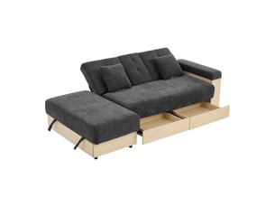 Canapé convertible 3 places, tissu chenille gris avec accoudoirs, canapé lit avec coffre de rangement et tiroirs pour salon moderne