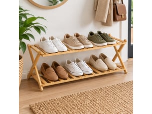 Étagère à chaussures pliable 2 niveaux en bambou naturel, capacité 6 paires - longueur 68 x profondeur 25 x hauteur 24 cm