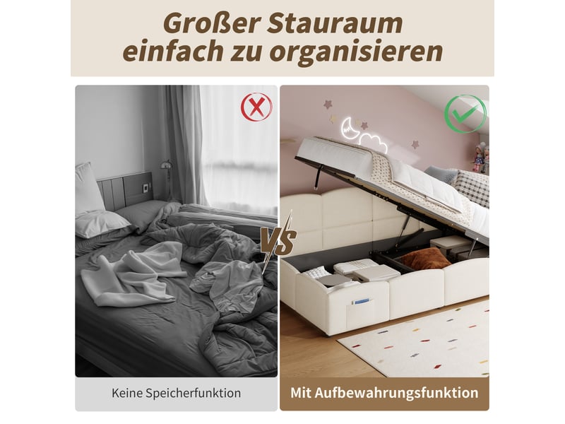 Lit coffre enfant 90x200 cm avec port usb, sac de rangement, dossier et sommier, tissu bouclé, beige, sans matelas - Conforama R