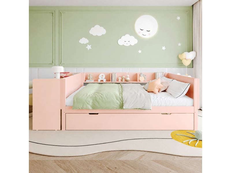  Lit double 140x200 avec lit gigogne, bureau intégré et 3 étagères, sans matelas, rose  - Conforama D