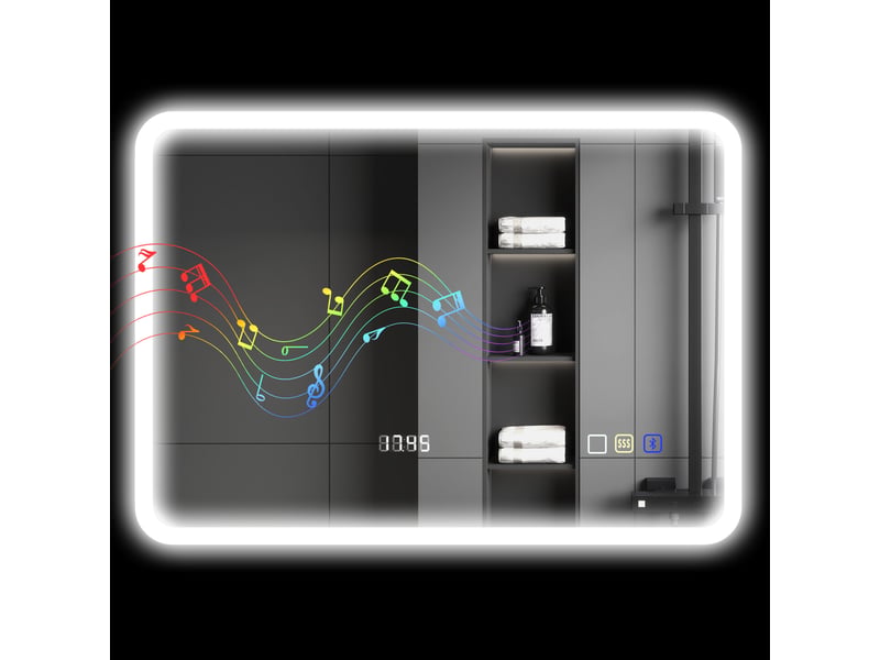 Miroir de salle de bain avec éclairage led 70 x 50 cm, bluetooth, 3 couleurs d'éclairage, horloge numérique, fonction antibuée et fonction mémoire. - Conforama A