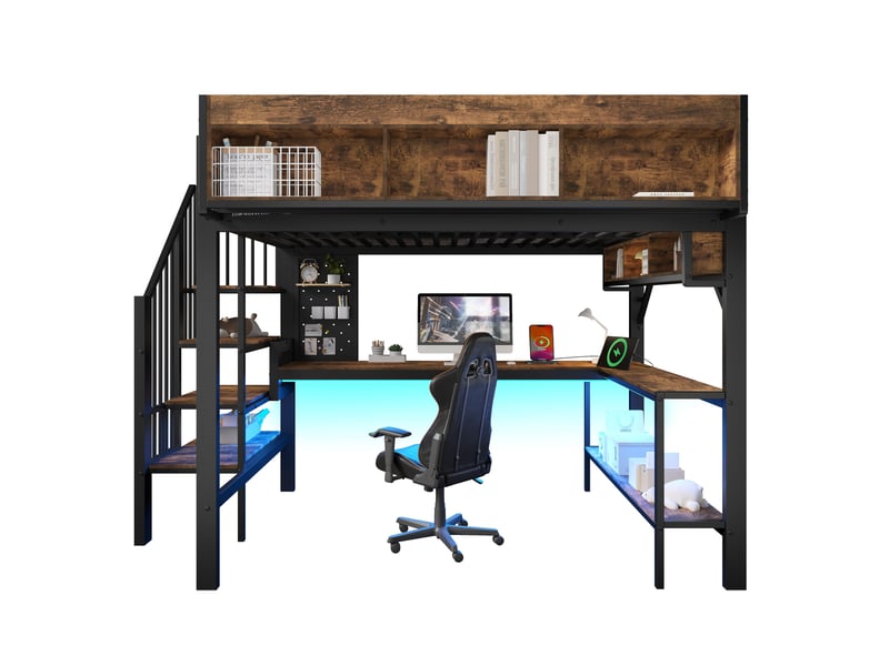  Lit mezzanine noir et bois vintage 140x200cm avec rangement, eclairage led &amp; porte usb, confort durable - fer et mdf - pour enfant ado  - Conforama A