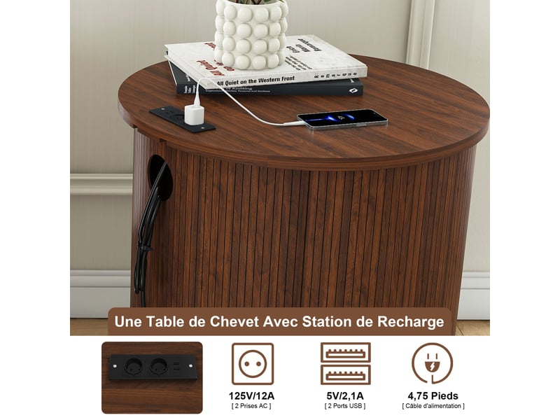 Table de chevet ronde pivotante avec station de charge intégrée, 2 niveaux de rangement et roulettes freinables  - Conforama E