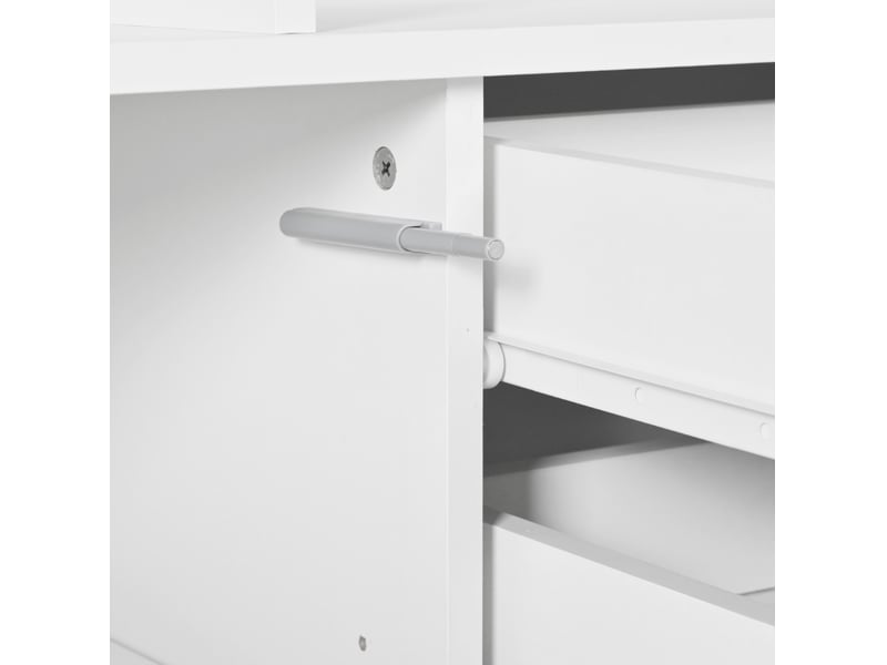  Meuble tv 160x35x70 cm blanc brillant, panneaux de particules et verre, avec led et 4 tiroirs  - Conforama E