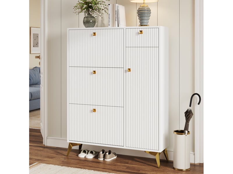 Meuble à chaussures 90x25x121 cm blanc avec 3 abattants, tiroir et porte - Conforama D