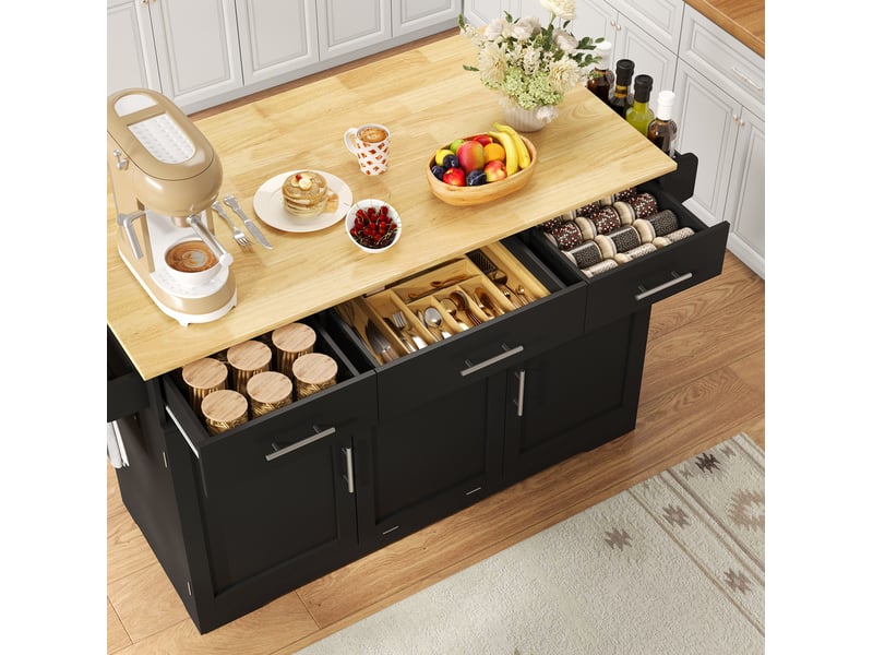  Desserte de cuisine avec plateau rabattable, 3 tiroirs, 2 placards, poubelle et prises, en mdf noir et bois naturel  - Conforama C
