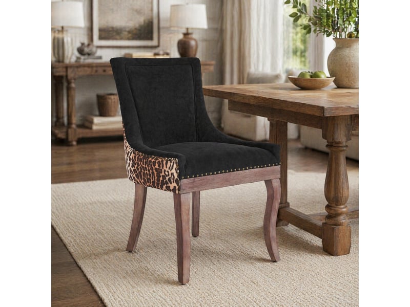  Lot de 2 chaises de salle à manger en chenille léopard, dossier haut, pieds en bois, 61 x 55 x 92,5 cm  - Conforama C