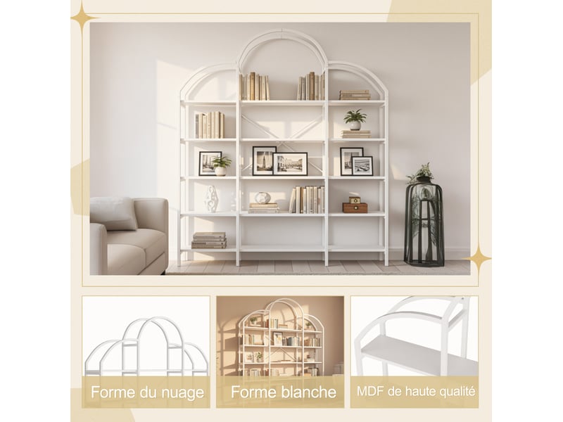  Bibliothèque 170x26x190 cm, 5 niveaux, meuble de bureau, structure stable, meuble bureau et salon, mdf et métal, blanc  - Conforama D