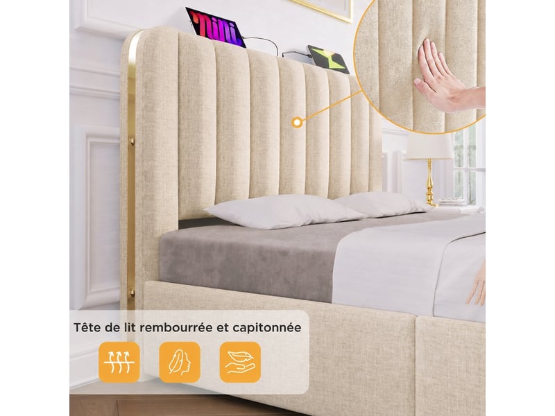 Lit coffre hydraulique avec usb et usb-c, sommier à lattes, lin beige, 180x200 cm - Conforama E