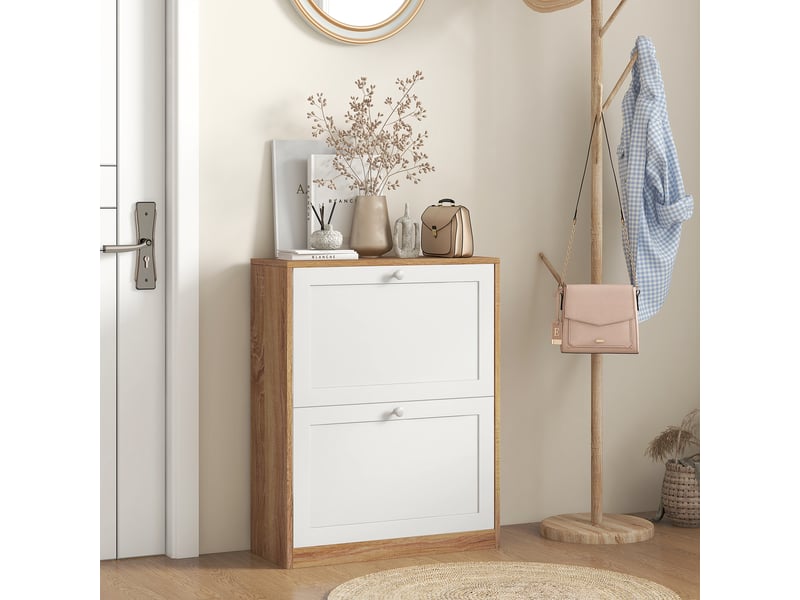  Meuble à chaussures étroit avec 2 portes et étagères réglables pour 12 paires de chaussures en bois naturel et blanc  - Conforama D