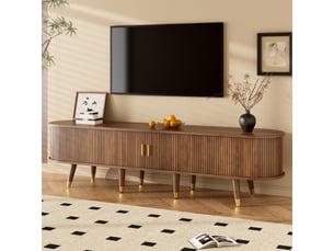 Meuble tv avec porte coulissante en rotin, tiroirs et niches pour salon en mdf 175×38×45 cm noyer