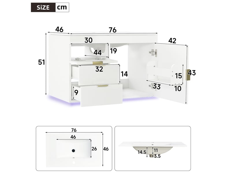  Meuble sous vasque suspendu 76x46x51 cm blanc avec vasque céramique et led  - Conforama C