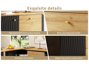 Ilot cuisine, buffet de cuisine avec rangements intégrés, plateau extensible, pivotant à 360°, dimensions 138 à 204 x 39 x 104 cm, mdf, noir