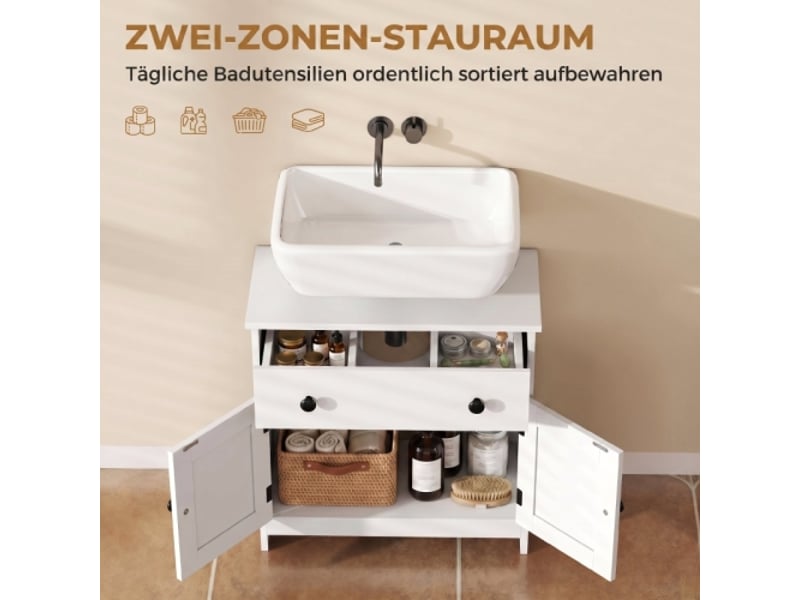  Meuble sous lavabo blanc moderne avec 1 tiroir, 2 portes et charnières à fermeture douce, indépendant  - Conforama D