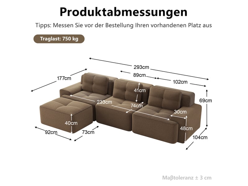  Canapé modulable en l 293x177x69 cm 3 places, sans montage, assise profonde, avec pouf, en velours côtelé, marron  - Conforama C