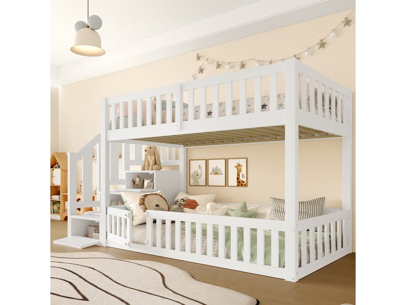 Lit superposé 90x200 cm avec escalier de rangement en pin et mdf blanc - Conforama B