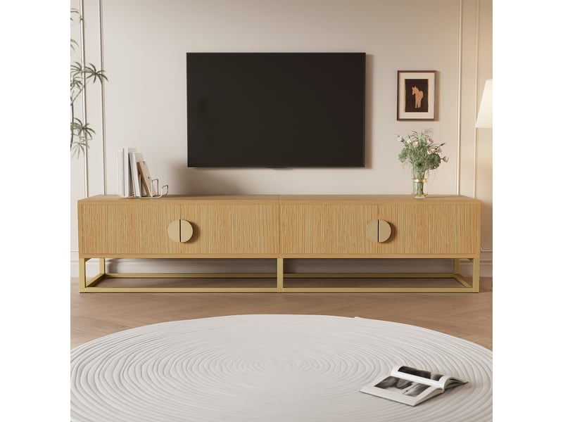  Meuble tv 180 cm effet bois avec 4 portes et poignées demi-lunes - mdf et pieds dorés  - Conforama D