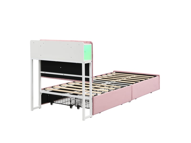 Lit enfant 90 x 200 cm rose en velours, 4 tiroirs latéraux, tête de lit led contrôlée par application - Conforama E