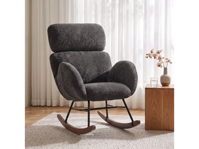 Fauteuil à bascule rembourré avec appui-tête réglable, revêtement en velours à motif gouttes de pluie, gris foncé - Conforama C