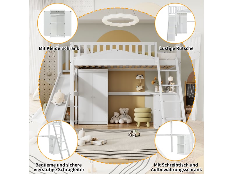  Lit mezzanine 90x200 cm, lit enfant avec barrière de sécurité, pin, lit superposé avec table et armoire et échelle à quatre marches  - Conforama R