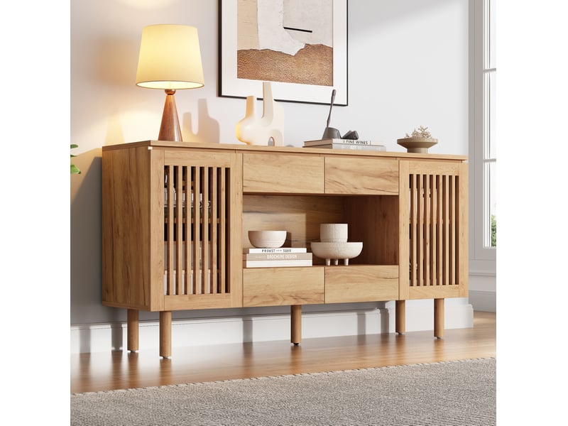  Buffet bas 140 x 35 x 71 cm en mdf avec 4 tiroirs et 2 portes à lamelles, teinte bois  - Conforama B