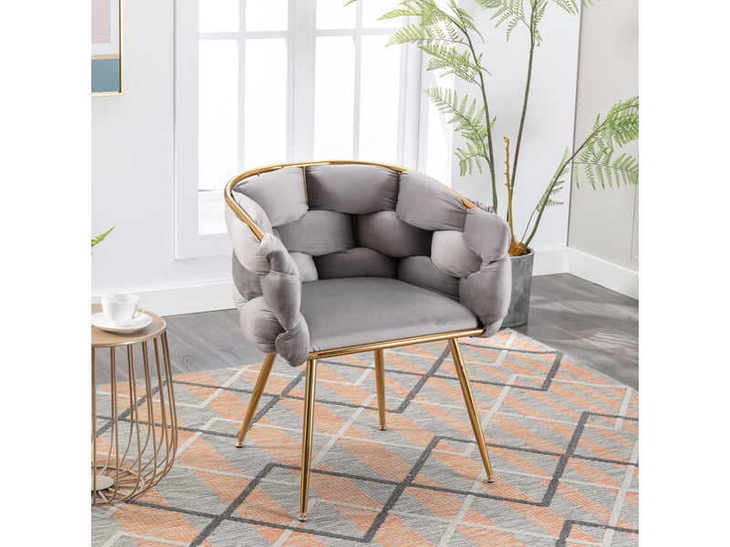 Fauteuil d'appoint avec accoudoirs, assise rembourrée et dossier mi-hauteur, structure en métal doré et velours gris - Conforama B