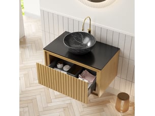 Meuble sous vasque suspendu avec 1 tiroir, plan en pierre frittée et vasque en céramique pour salle de bain 76 cm