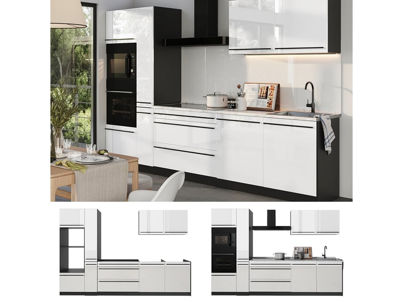  Vicco cuisine, blanc haute brillanceanthracite, 310cm plan de travail chêne doré  - Conforama D