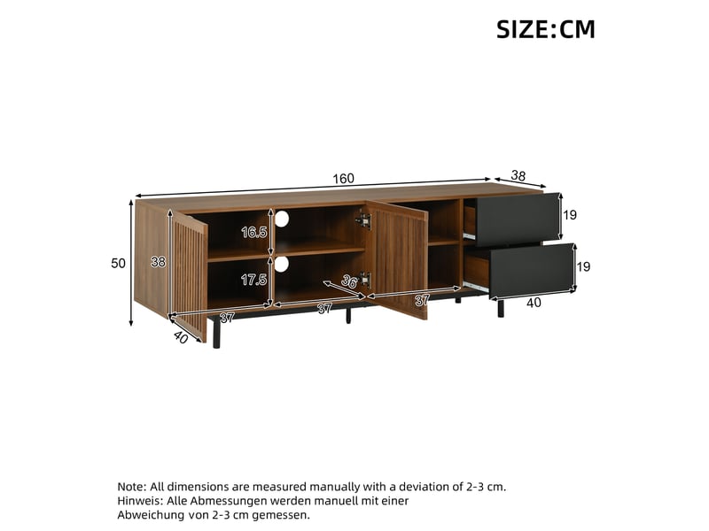  Meuble tv 160 cm pour écran jusqu’à 60 pouces, 2 portes à lattes, 2 tiroirs, niches ouvertes, passe-câbles, mdf effet noyer et noir, pour salon  - Conforama D