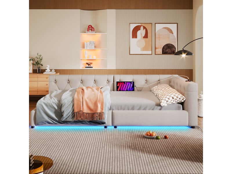  Lit banquette en lin beige 90x200 cm avec sommier - éclairage led 7 couleurs et ports usbtype-c  - Conforama B