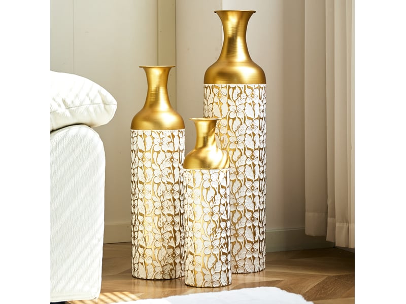  Lot de 3 vases sur pied 50x66x85 cm, décor floral, métal, doré et blanc  - Conforama B