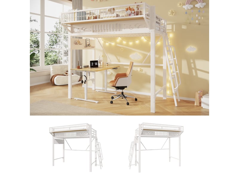 Lit mezzanine 1 place 90×200 cm, rangements et espace ouvert - sans matelas, métal - blanc - Conforama B