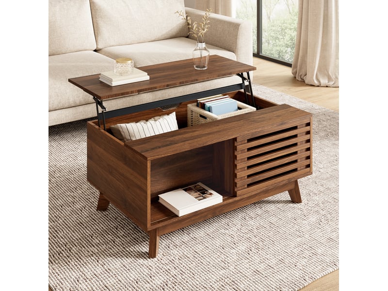  Table basse relevable rétro moderne en mdf – décor noyer, porte coulissante – 90 x 55 x 57,5 cm  - Conforama B
