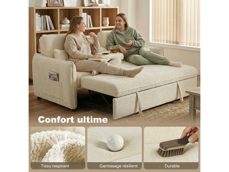  Canapé convertible 2 places 3 en 1, canapé-lit clic clac en chenille avec dossier réglable, beige, porte-gobelets  - Conforama R