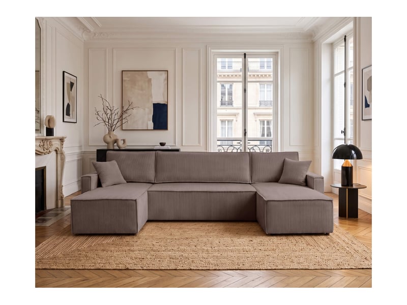  Farah - canapé d'angle panoramique convertible 6 places accoudoirs slim en velours cotelé  - Conforama B