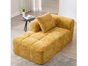 Canapé chaise longue fixe 1 place en tissu jaune avec coussin et poches latérales, confort moelleux contemporain