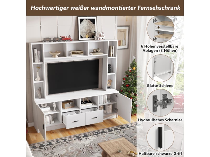  Ensemble meuble tv mural 180 cm avec vitrine, étagères, 2 portes, 2 tiroirs, 11 rangements, blanc, pour tv 60 pouces  - Conforama C