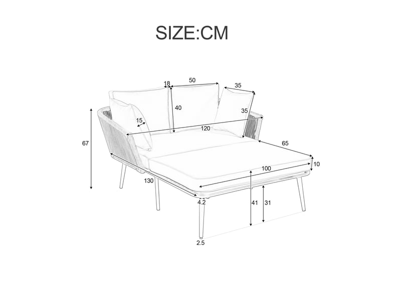 Canapé de jardin 2 places 130 x 67 x 65 cm – beige – coussins épais amovibles lavables avec cordage tressé - Conforama C