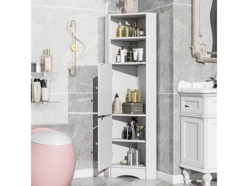  Meuble de salle de bain d'angle avec 2 compartiments, niche ouverte et étagère réglable, 36,5 x 36,5 x 155 cm, blanc  - Conforama B