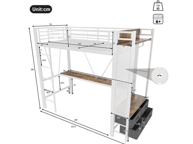  Lit mezzanine 90 x 200 cm bureau intégré penderie 4 tiroirs panneau perforé led ports usb-c métal blanc sans matelas  - Conforama C