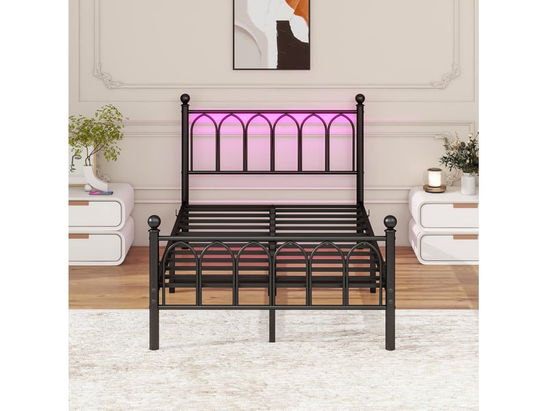  Lit adulte 120 × 200 cm 1 place avec led réglable, 2 ports usb et prise, sans matelas, en métal noir  - Conforama C