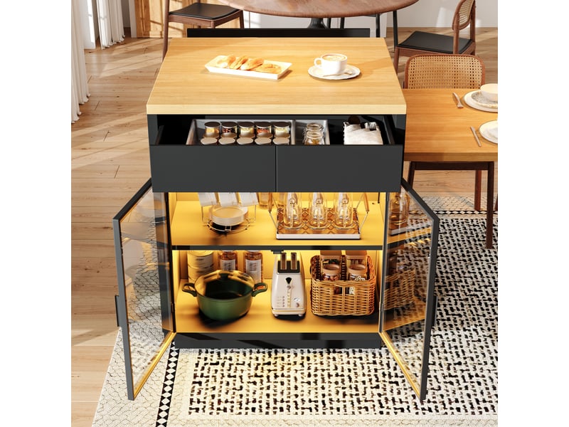  Îlot de cuisine extensible 122-194,5x70x94 cm noir avec rangement, 2 tiroirs, vitrines en verre, led et espace repas Morn Vibe - Conforama D